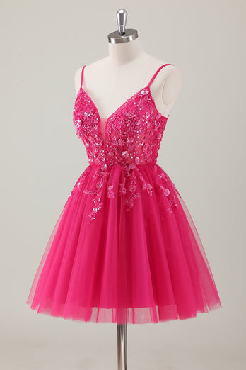 Fuchsia A-Line Spaghetti Straps Appliqued Homecoming Dress with Sequins