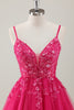 Load image into Gallery viewer, Fuchsia A-Line Spaghetti Straps Appliqued Homecoming Dress with Sequins