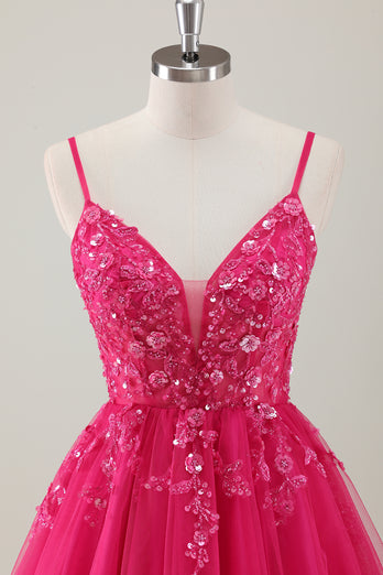 Fuchsia A-Line Spaghetti Straps Appliqued Homecoming Dress with Sequins