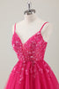 Load image into Gallery viewer, Fuchsia A-Line Spaghetti Straps Appliqued Homecoming Dress with Sequins