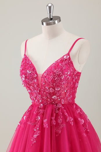 Fuchsia A-Line Spaghetti Straps Appliqued Homecoming Dress with Sequins