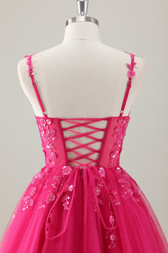 Fuchsia A-Line Spaghetti Straps Appliqued Homecoming Dress with Sequins