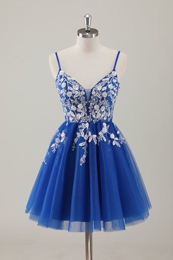 Royal Blue Spaghetti Straps A-Line Homecoming Dress with Appliques