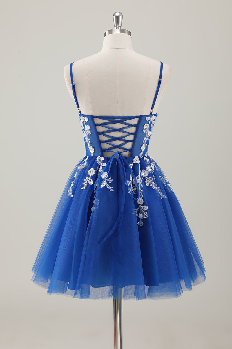 Load image into Gallery viewer, Royal Blue Spaghetti Straps A-Line Homecoming Dress with Appliques