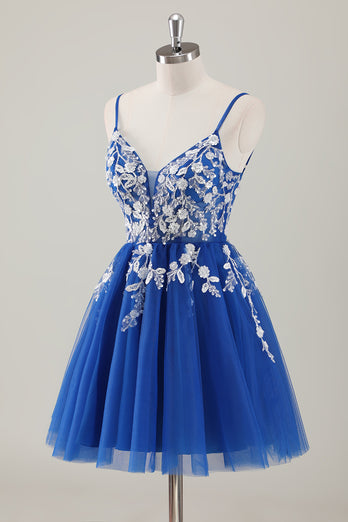 Royal Blue Spaghetti Straps A-Line Homecoming Dress with Appliques