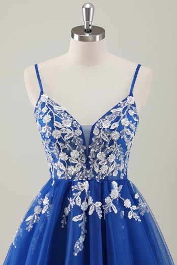 Royal Blue Spaghetti Straps A-Line Homecoming Dress with Appliques