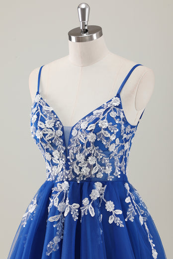 Royal Blue Spaghetti Straps A-Line Homecoming Dress with Appliques