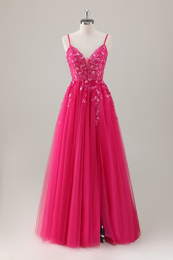 Fuchsia Spaghetti Straps A-Line Tulle Long Prom Dress with Slit