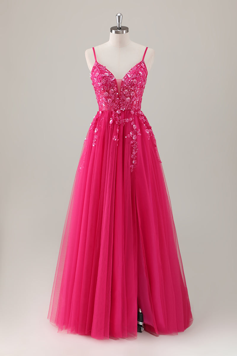 Load image into Gallery viewer, Fuchsia Spaghetti Straps A-Line Tulle Long Prom Dress with Slit