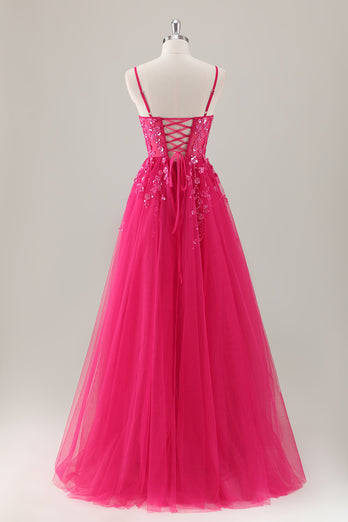 Fuchsia Spaghetti Straps A-Line Tulle Long Prom Dress with Slit