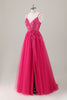 Load image into Gallery viewer, Fuchsia Spaghetti Straps A-Line Tulle Long Prom Dress with Slit