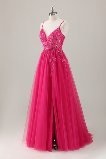 Fuchsia Spaghetti Straps A-Line Tulle Long Prom Dress with Slit