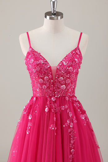 Fuchsia Spaghetti Straps A-Line Tulle Long Prom Dress with Slit