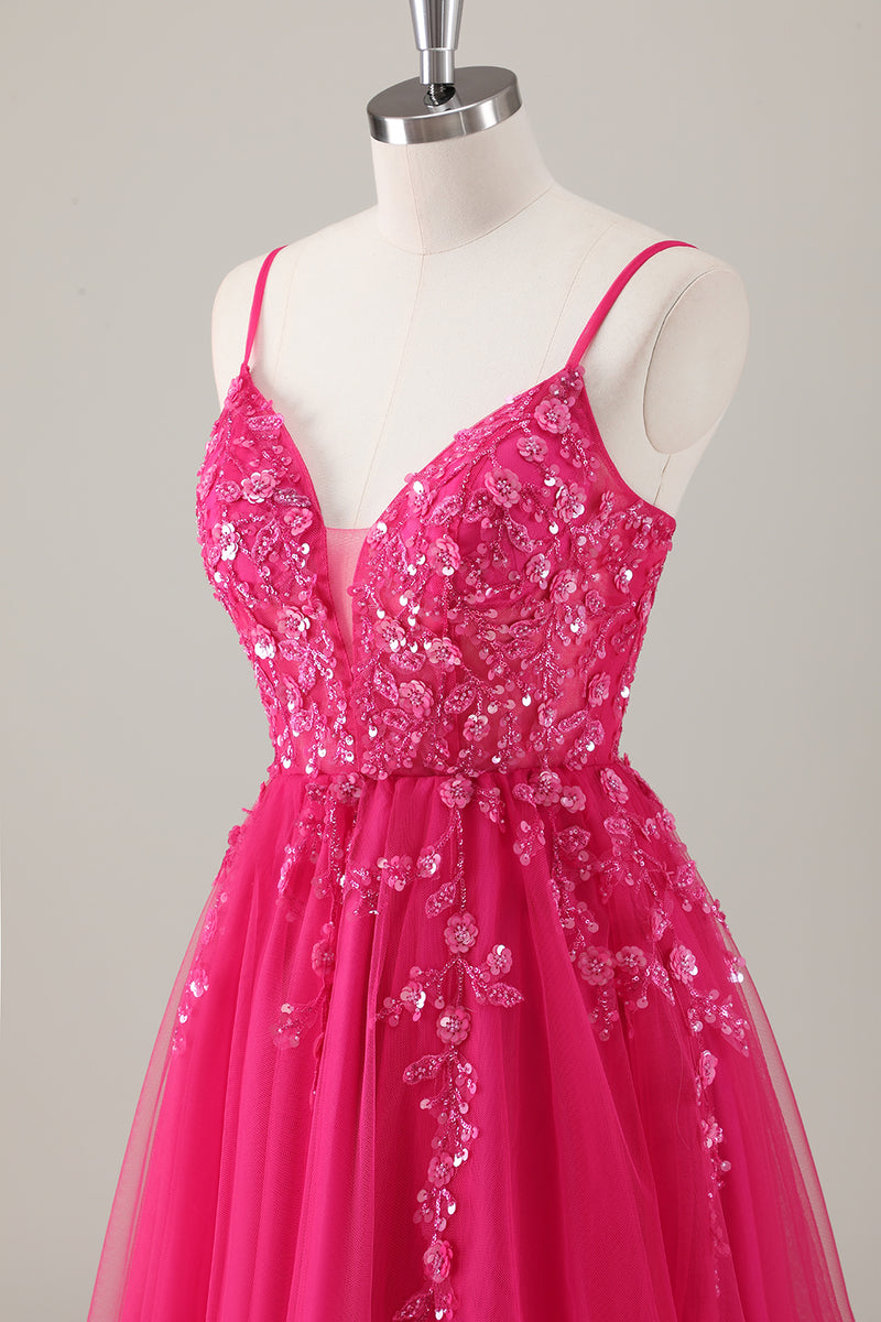 Load image into Gallery viewer, Fuchsia Spaghetti Straps A-Line Tulle Long Prom Dress with Slit