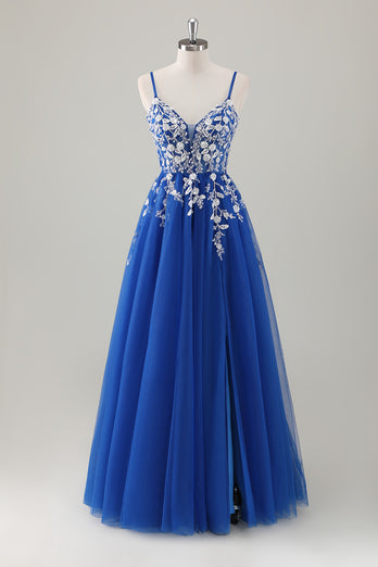 Sparkly Royal Blue Spaghetti Straps A-Line Long Prom Dress with Appliques