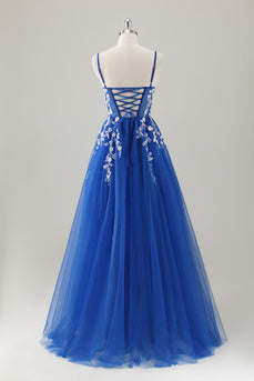 Sparkly Royal Blue Spaghetti Straps A-Line Long Prom Dress with Appliques