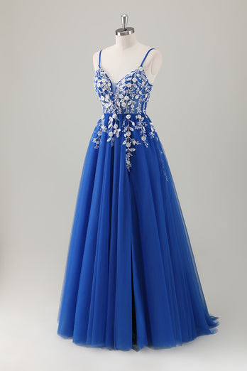 Sparkly Royal Blue Spaghetti Straps A-Line Long Prom Dress with Appliques