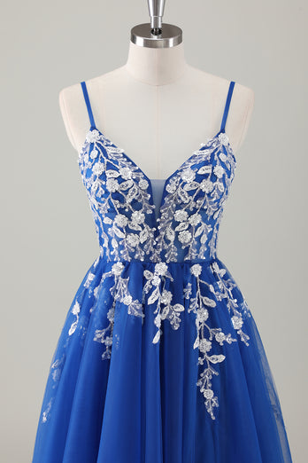 Sparkly Royal Blue Spaghetti Straps A-Line Long Prom Dress with Appliques