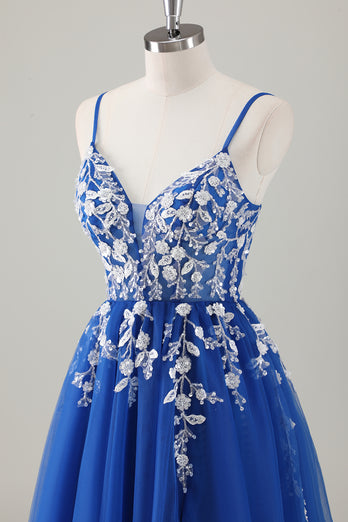 Sparkly Royal Blue Spaghetti Straps A-Line Long Prom Dress with Appliques