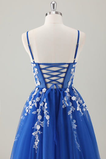 Sparkly Royal Blue Spaghetti Straps A-Line Long Prom Dress with Appliques