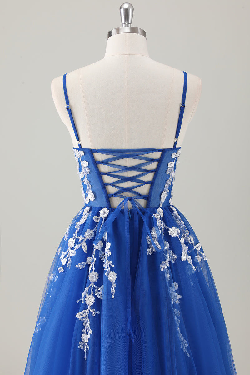 Load image into Gallery viewer, Sparkly Royal Blue Spaghetti Straps A-Line Long Prom Dress with Appliques