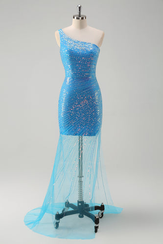 Blue Sequined One Shoulder Bodycon  Prom Dress with Slit