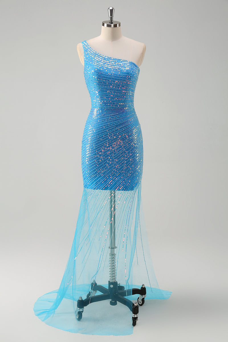 Load image into Gallery viewer, Blue Sequined One Shoulder Bodycon  Prom Dress with Slit