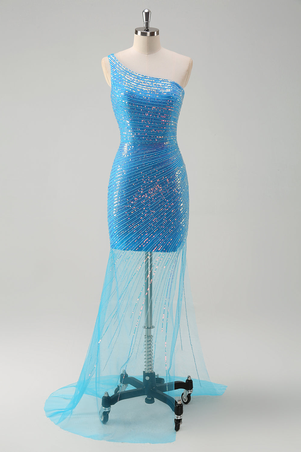 Blue Sequined One Shoulder Bodycon  Prom Dress with Slit