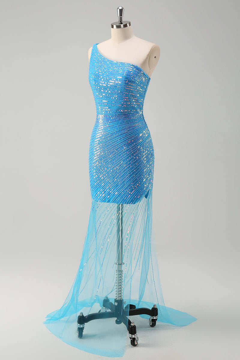 Load image into Gallery viewer, Blue Sequined One Shoulder Bodycon  Prom Dress with Slit