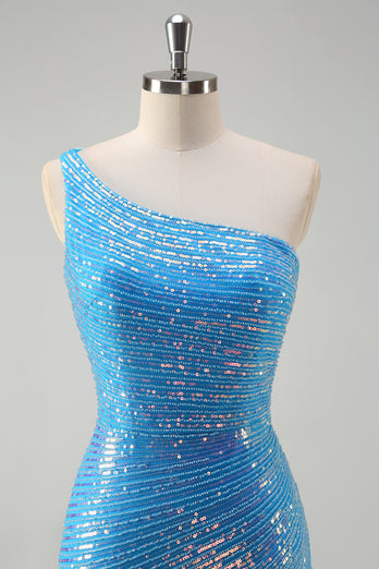 Blue Sequined One Shoulder Bodycon  Prom Dress with Slit