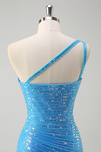 Blue Sequined One Shoulder Bodycon  Prom Dress with Slit