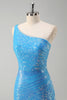 Load image into Gallery viewer, Blue Sequined One Shoulder Bodycon  Prom Dress with Slit