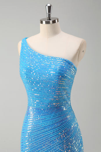 Blue Sequined One Shoulder Bodycon  Prom Dress with Slit