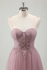 Load image into Gallery viewer, Grey Purple Spaghetti Straps Applique Pleated Corset Prom Dress