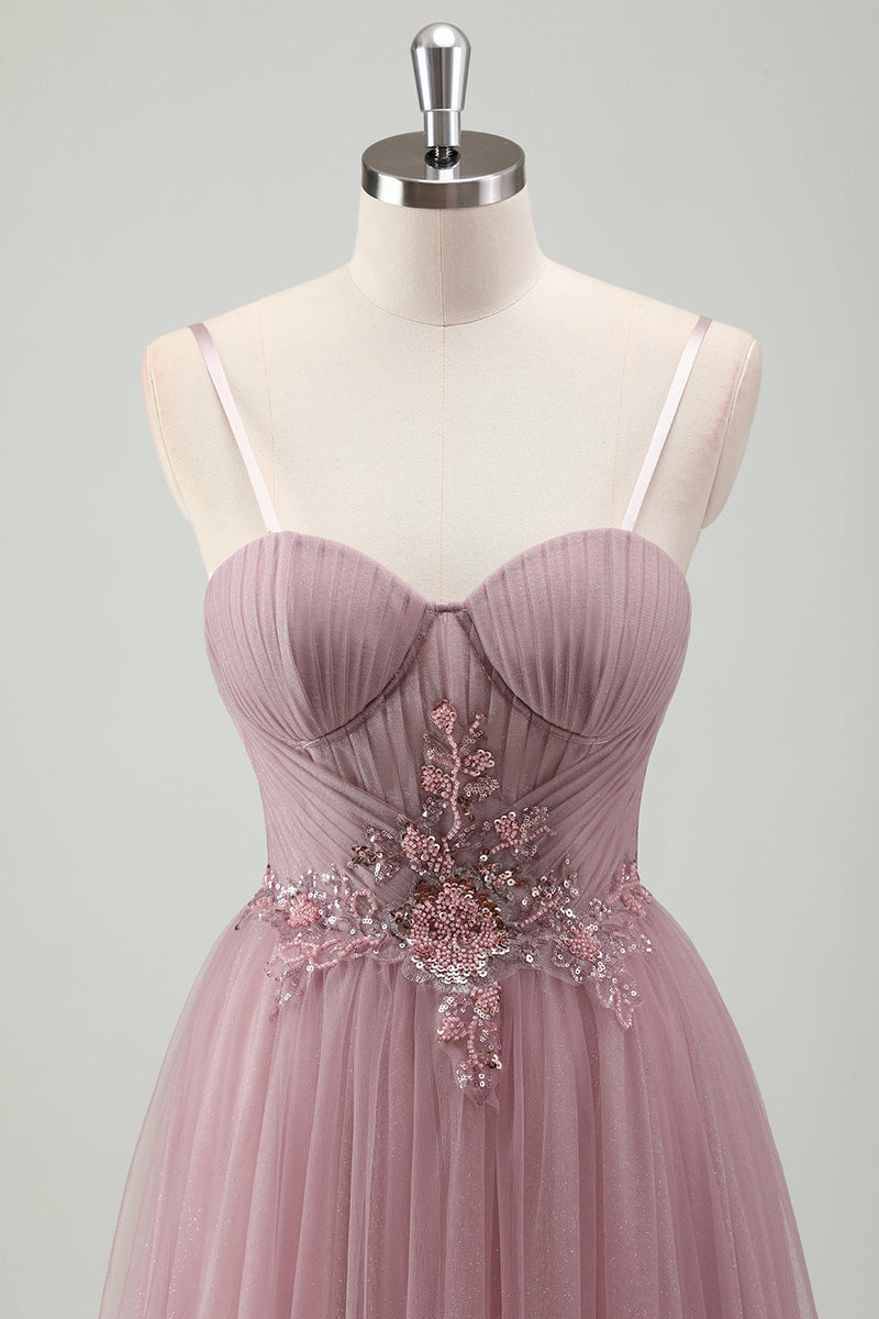 Load image into Gallery viewer, Grey Purple Spaghetti Straps Applique Pleated Corset Prom Dress