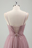 Load image into Gallery viewer, Grey Purple Spaghetti Straps Applique Pleated Corset Prom Dress