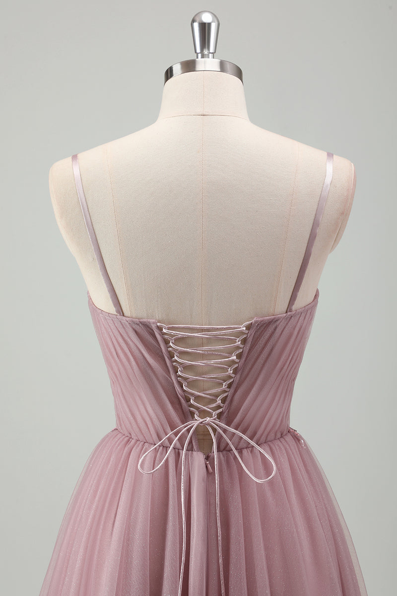 Load image into Gallery viewer, Grey Purple Spaghetti Straps Applique Pleated Corset Prom Dress