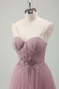 Load image into Gallery viewer, Grey Purple Spaghetti Straps Applique Pleated Corset Prom Dress