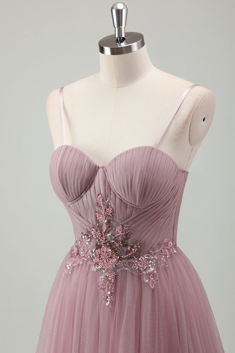 Load image into Gallery viewer, Grey Purple Spaghetti Straps Applique Pleated Corset Prom Dress