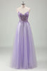 Load image into Gallery viewer, Purple Glittered Applique Spaghetti Straps Corset Prom Dress