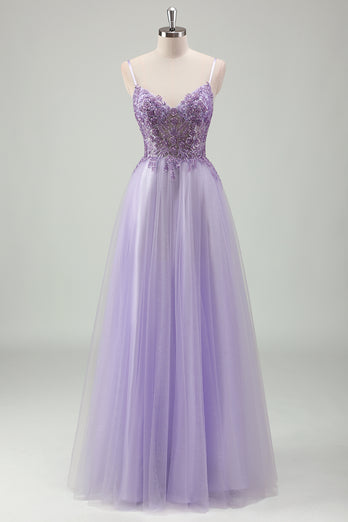 Purple Glittered Applique Spaghetti Straps Corset Prom Dress