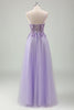 Load image into Gallery viewer, Purple Glittered Applique Spaghetti Straps Corset Prom Dress