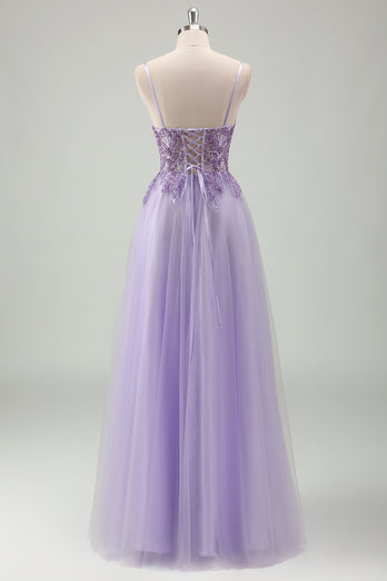 Purple Glittered Applique Spaghetti Straps Corset Prom Dress