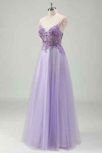 Purple Glittered Applique Spaghetti Straps Corset Prom Dress