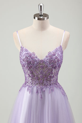 Purple Glittered Applique Spaghetti Straps Corset Prom Dress