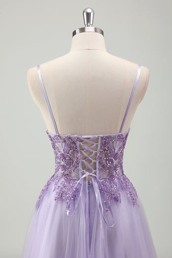 Purple Glittered Applique Spaghetti Straps Corset Prom Dress