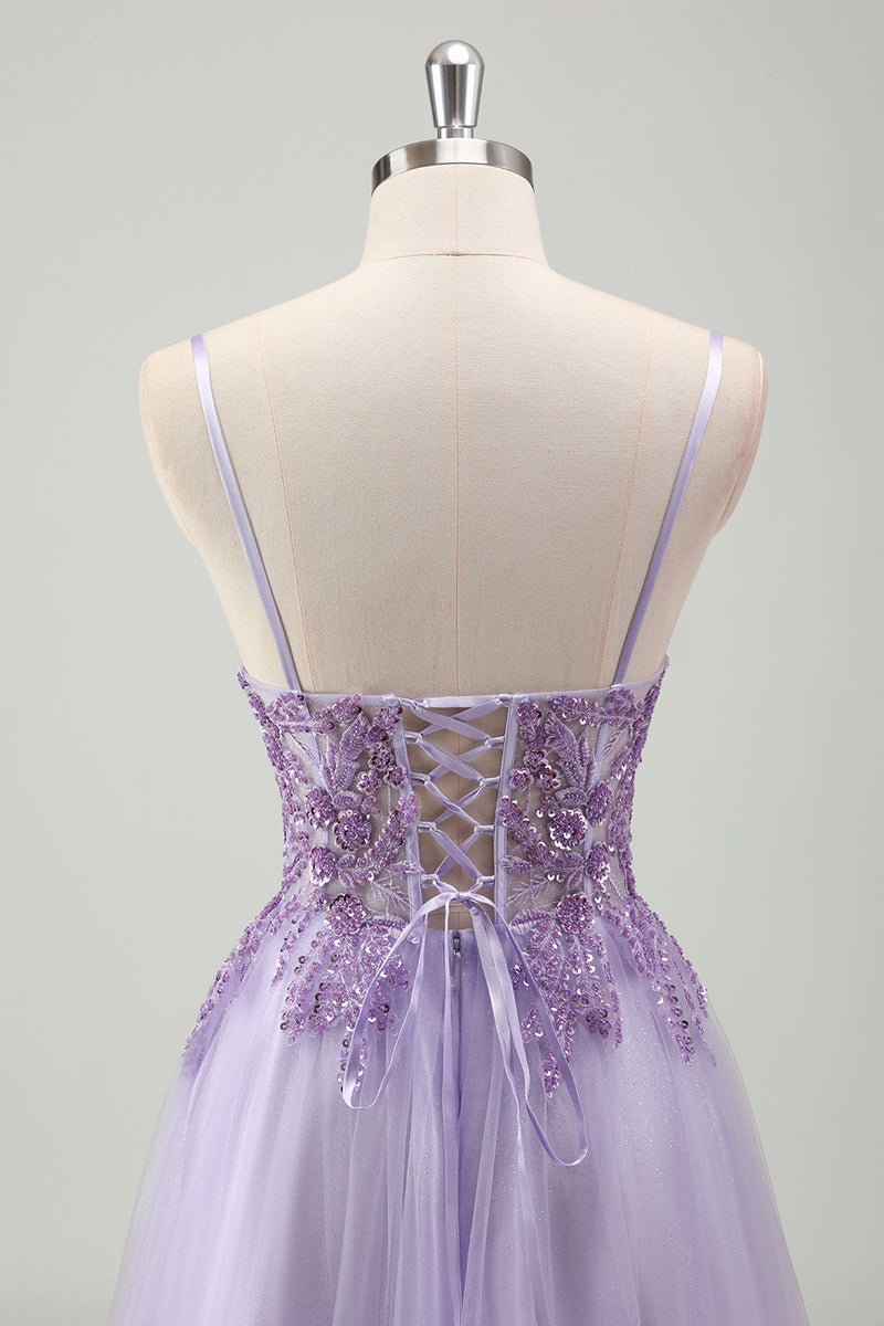 Load image into Gallery viewer, Purple Glittered Applique Spaghetti Straps Corset Prom Dress