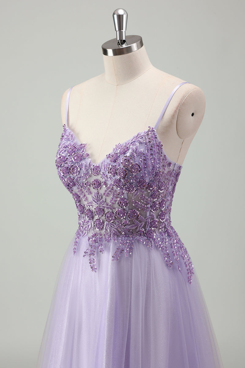 Load image into Gallery viewer, Purple Glittered Applique Spaghetti Straps Corset Prom Dress