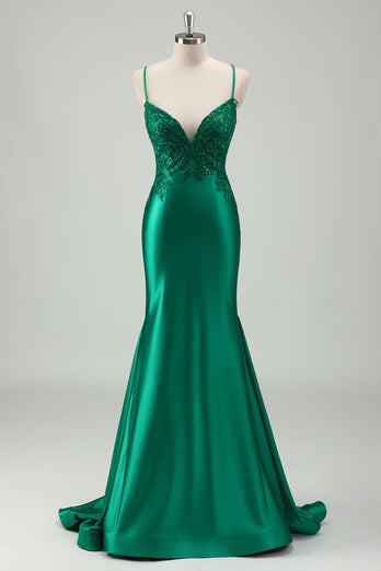 Green Mermaid V-Neck Spaghetti Straps Satin Applique Sweep Train Prom Dress with Ruffles