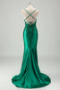 Load image into Gallery viewer, Green Mermaid V-Neck Spaghetti Straps Satin Applique Sweep Train Prom Dress with Ruffles